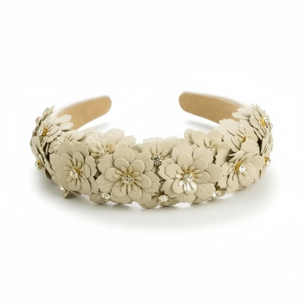 ARIANNA - Vegan Leather Padded/Embellished Rhinestones Flowers Headband - CREAM - Picture 2 of 4